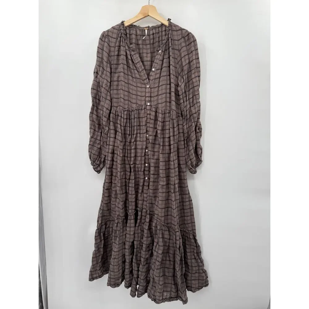 Free people Brown Plaid Button Down Edie Flannel Dress
